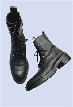 Black Combat Boots Leather Studded Ankle 