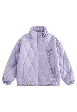 Quilted bomber solid check puffer utility jacket in purple 