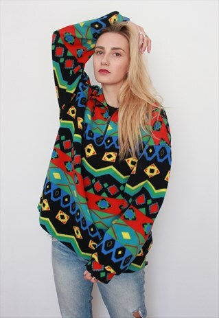 VINTAGE CRAZY GROOVY PATTERN OVERSIZED 1/4 ZIP FLEECE JACKET
