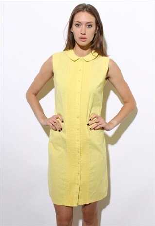 VINTAGE 60S YELLOW SHIRT DRESS SLEEVELESS MIDI COTTON L XL