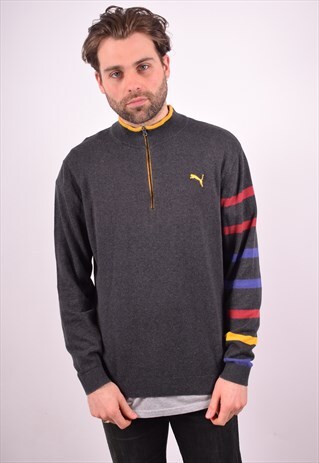 PUMA MENS VINTAGE JUMPER SWEATER LARGE GREY 90S