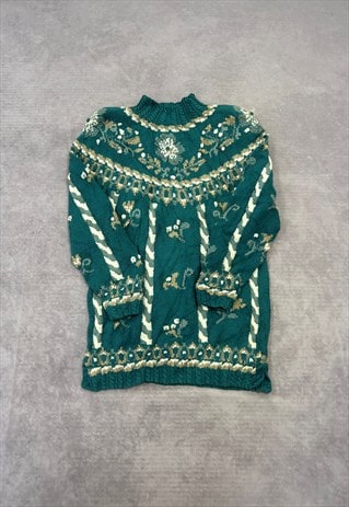 VINTAGE KNITTED JUMPER EMBROIDERED FLOWERS PATTERNED KNIT