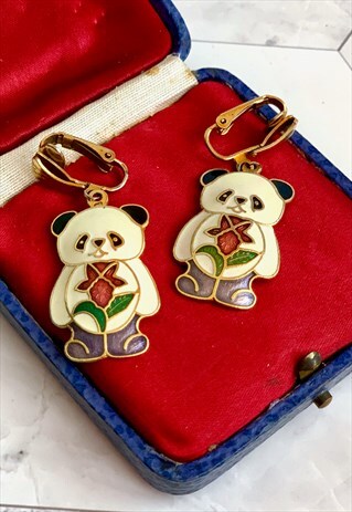 80S PANDA CLOISONNE EARRINGS, KAWAII VINTAGE JEWELLERY
