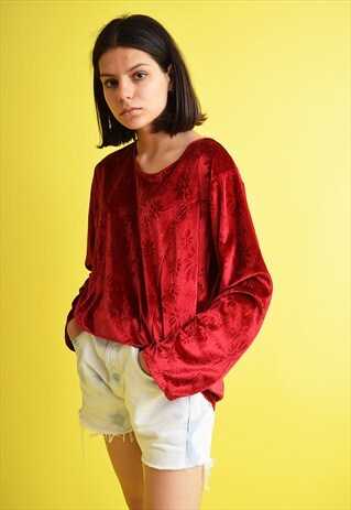 90'S RETRO RED GRUNGE SHIMMER CRUSHED VELVET TOP