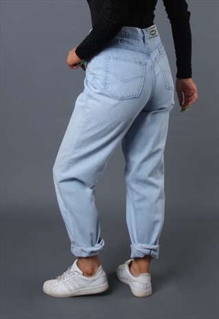HIGH WAISTED DENIM JEANS TAPERED LEG UK 10 12 VINTAGE (G6CE)