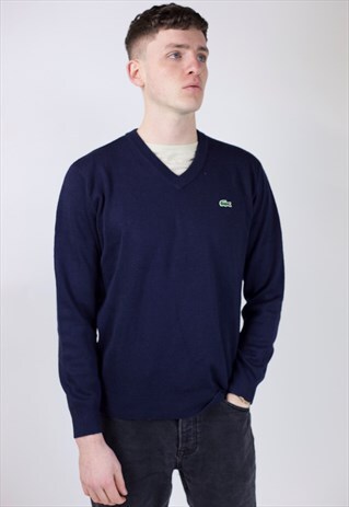 VINTAGE LACOSTE 90'S NAVY V-NECK LIGHT KNIT JUMPER