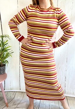 Vintage Yellow & Red Striped Knitted 90's Maxi Dress