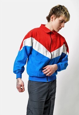 Retro 80s style velvet jacket multi block blue red white men