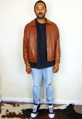 90S MINIMALIST BROWN LEATHER FLIGHT BOMBER JACKET MEDIUM