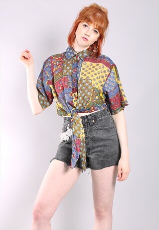 VINTAGE 80S ABSTRACT PATTERNED TIE UP SHIRT CROP TOP