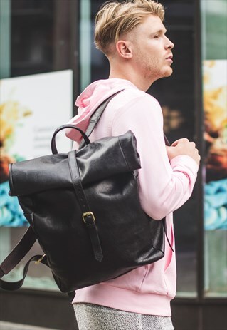 ROLL UP RUCKSACK BACKPACK IN MATTE BLACK LEATHER