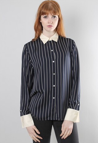 VINTAGE 90S RALPH LAUREN SILK NAVY STRIPE SHEER SHIRT BLOUSE