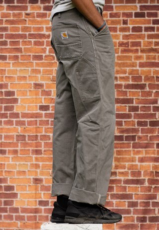 VINTAGE 90S CARHARTT LOGO PAINTER PANTS IN A GREEN / GREY