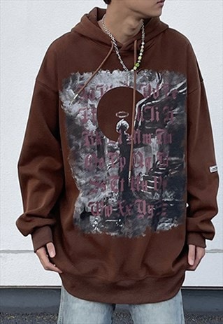 BROWN WASHED GRAPHIC COTTON OVERSIZED HOODIES 