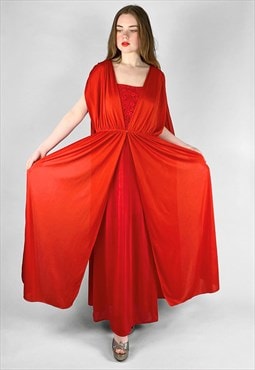 70's Slinky Red Caped Vintage Ladies Maxi Slip Dress
