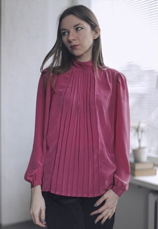 VINTAGE 70'S PINK LONG SLEEVED HIGH COLLAR BLOUSE