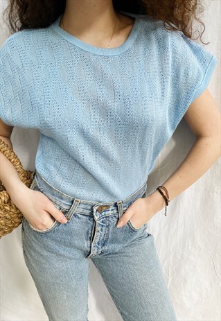 VINTAGE 80S BABY BLUE KNITTED HAUTE BOHEME BLOUSE TOP PASTEL