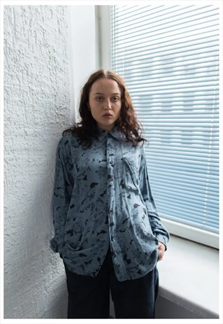 VINTAGE 70'S GREY ABSTRACT PRINT VISCOSE SHIRT