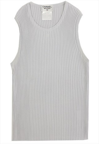 RARE CHANEL RIBBED BABY BLUE EMBROIDERED CC LOGO TOP