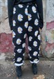 DAISY FLEECE JOGGERS HANDMADE RETRO FLORAL OVERALLS IN BLACK