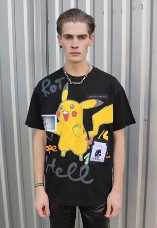 PIKACHU TEE POKEMON PATCHED ANIMAL DROP KOREAN T-SHIRT BLACK