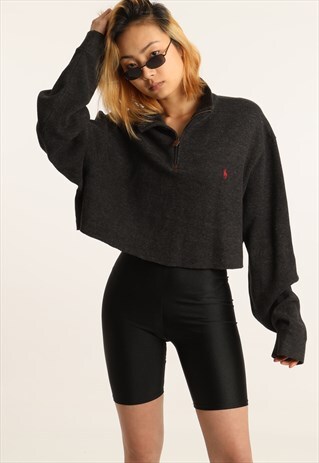 VINTAGE RALPH LAUREN EMBROIDERED LOGO CROPPED 1/ SWEATSHIRT
