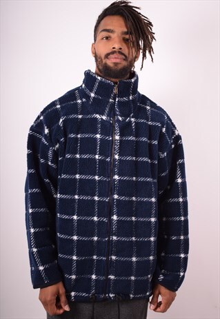 CAMEL MENS VINTAGE FLEECE JACKET LARGE NAVY BLUE CHECK 90S