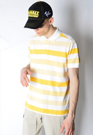 VINTAGE 90S YELLOW AND WHITE STRIPED POLO SHIRT