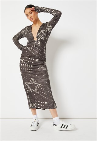 SKINNYDIP LONDON MONOCHROME SPACE PRINT MIDI DRESS IN BLACK