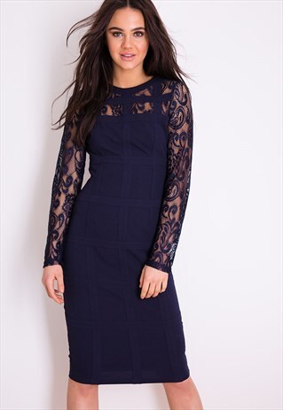 KIKI GRID LACE LONG SLEEVE BODYCON DRESS NAVY