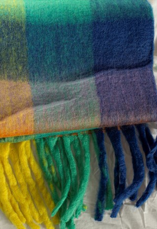 BLUE YELLOW PLAID TONES WARM WRAP SCARF