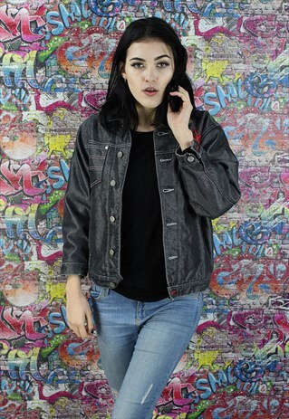 VINTAGE 80S BLACK SHERPA FLEECE LINED DENIM JACKET.