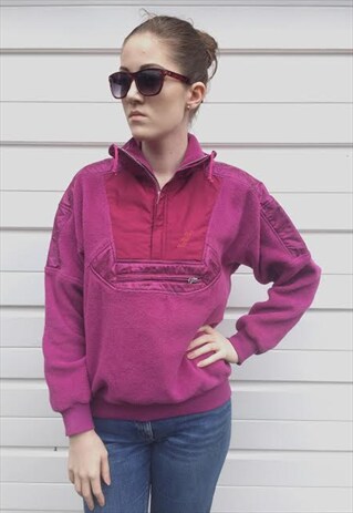 WOMENS VINTAGE 80S PINK FLEECE PULLOVER JUMPER HALF ZIP TOP