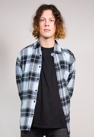 90'S VINTAGE LARGE BLUE CHECK PATTERN FLANNEL SHIRT