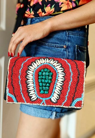 BEADED CROSS BODY BOHO BAG TURQUOISE STONE & COWRIE SHELLS