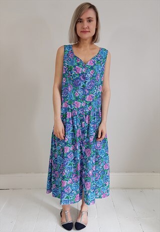 VINTAGE 90'S GREEN AND PINK COTTON LACE UP SUMMER DRESS
