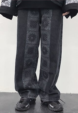 PAISLEY REWORKED DENIM OVERALLS BANDANA STRAIGHT FIT JEANS