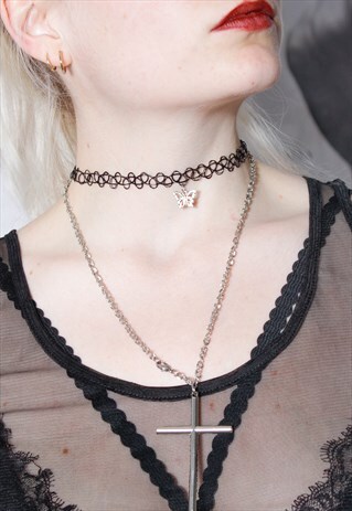 90S GRUNGE Y2K GOTH BUTTERFLY BLACK TATTOO CHOKER NECKLACE