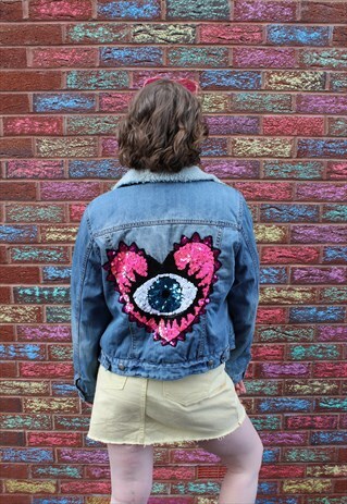 VINTAGE REWORKED 90S DENIM JACKET PINK SEQUIN HEART BADGE
