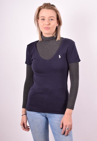RALPH LAUREN WOMENS VINTAGE T-SHIRT TOP LARGE NAVY BLUE 90S