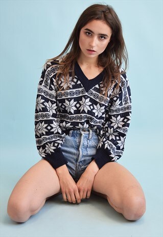 90'S RETRO KNIT FAIR ISLE PRINT OVERSIZED DADS JUMPER TOP