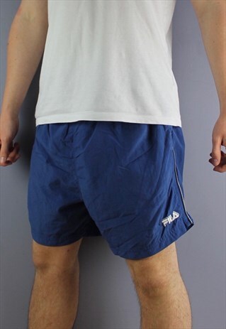 VINTAGE FILA SHORTS IN BLUE WITH POCKETS, EMBROIDERED LOGO A