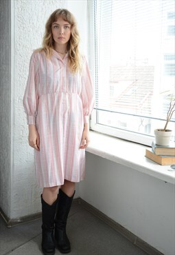 Vintage Pink Striped Long sleeved Midi Thin Dress