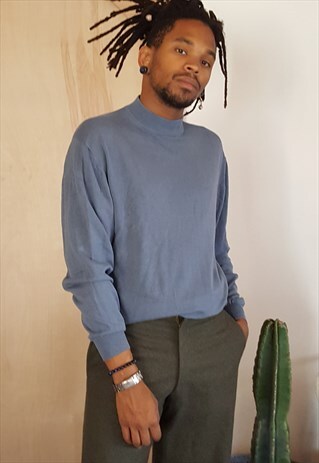 90S MINIMALIST LUXURY BLUE SILK MOCK NECK SWEATER MEDIUM