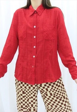 80s Vintage Red Collared Shirt Blouse (Size M)