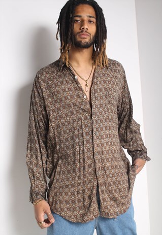 VINTAGE ABSTRACT CRAZY JAZZY PATTERNED SHIRT BROWN