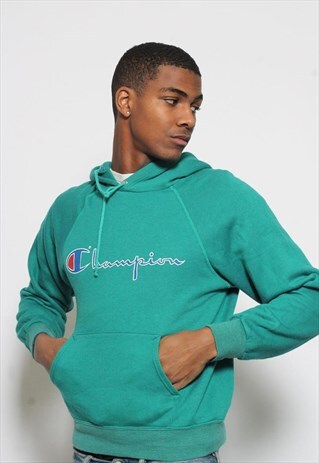 VINTAGE CHAMPION BIG SPELL OUT LOGO HOODIE TURQUOISE
