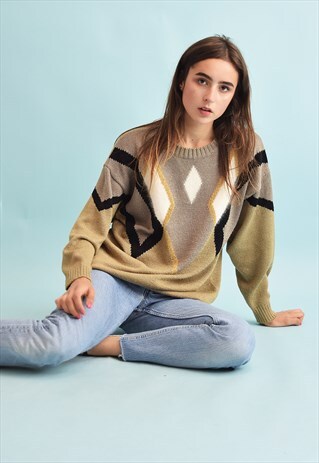 80'S RETRO GEOMETRIC KNIT OVERSIZED MOMS JUMPER TOP