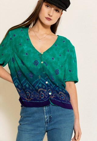 VINTAGE 90'S TURQUOISE PATTERNED BLOUSE