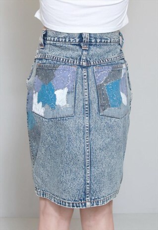 VINTAGE 1990'S BLUE HAND PAINTED DENIM PENCIL SKIRT